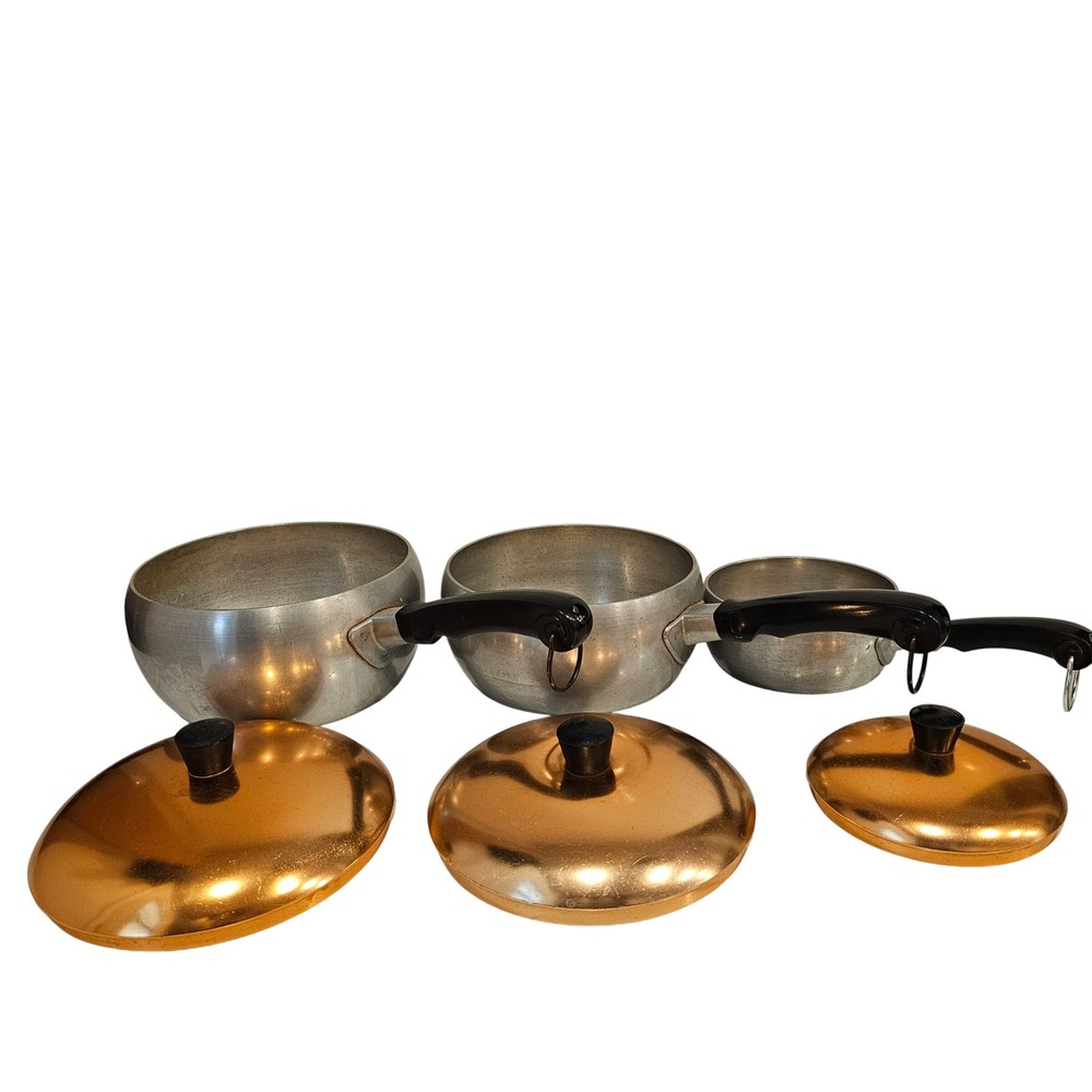 Vintage Wear-Ever Hallite Aluminum Saucepan Set 3 Pots Copper Lids MCM USA